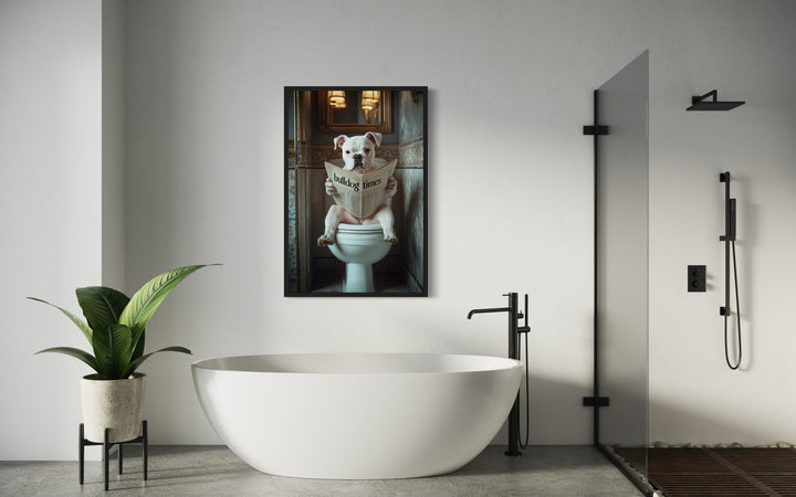 American Bulldog Dog On The Toilet Reading Newspaper Picture