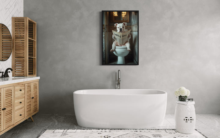 American Bulldog Dog On The Toilet Reading Newspaper Picture