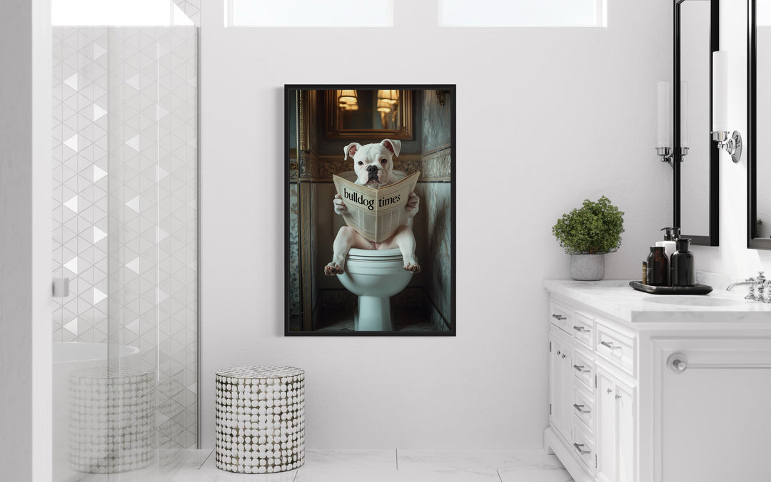 American Bulldog Dog On The Toilet Reading Newspaper Picture