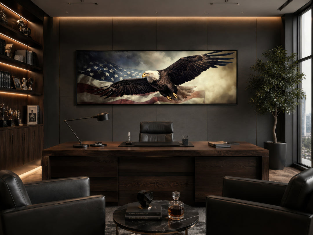 Horizontal wall art of a bald eagle flying over the American flag in a dark, modern office.