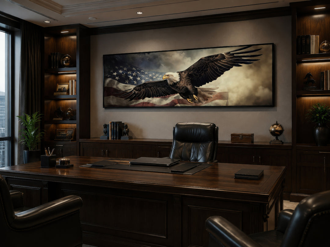 Horizontal wall art of a bald eagle flying over the American flag in a dark wood office.