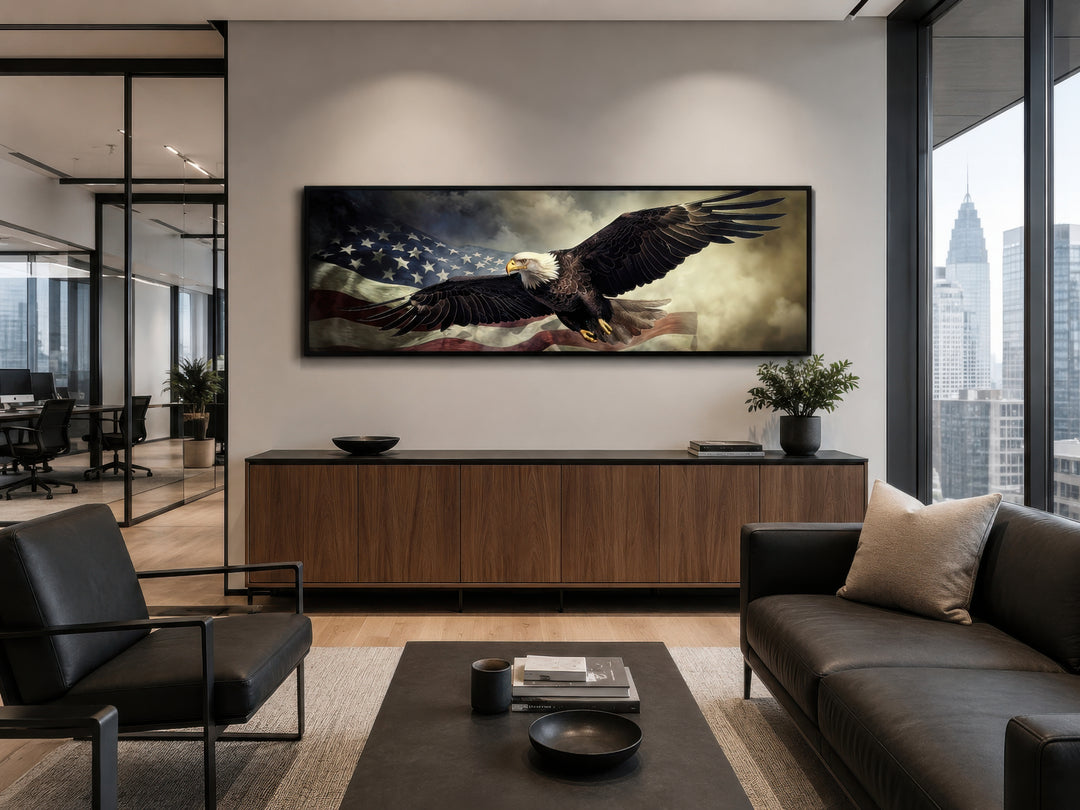 American eagle flying over a USA flag in a long horizontal wall art frame above an office sideboard.