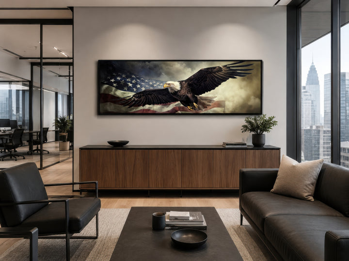 American eagle flying over a USA flag in a long horizontal wall art frame above an office sideboard.