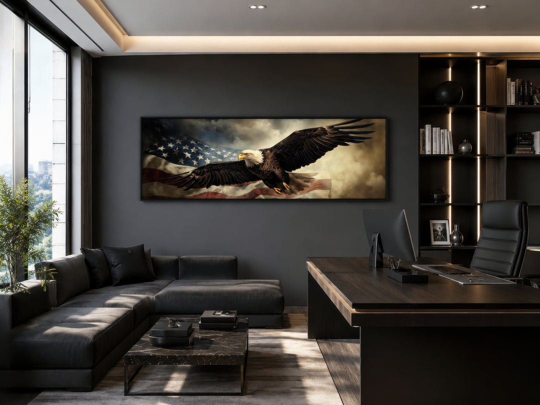 Horizontal wall art of an American eagle flying over the USA flag in a modern dark office.