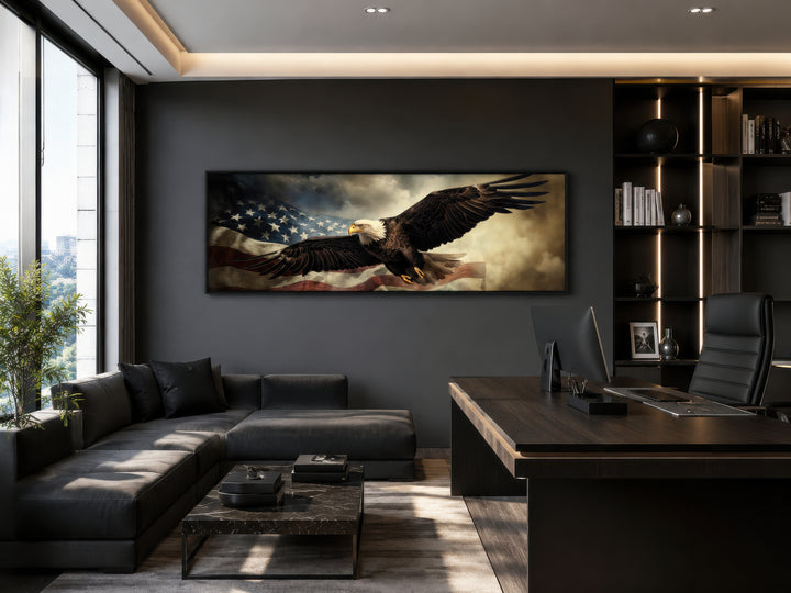 Horizontal wall art of an American eagle flying over the USA flag in a modern dark office.