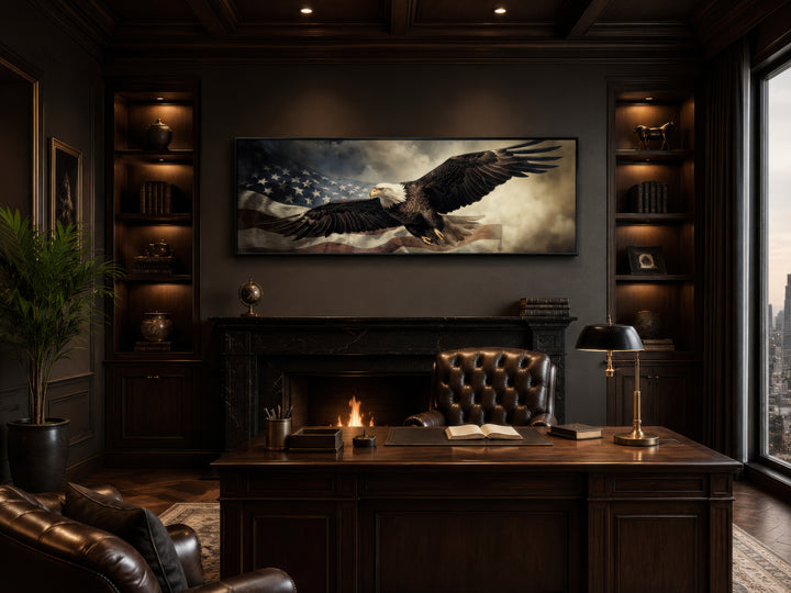 Horizontal wall art of a bald eagle flying over the American flag in a dark wood paneled office.