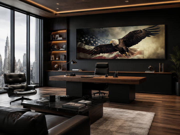 Large horizontal wall art of an eagle flying over the American flag in a modern dark wood office.