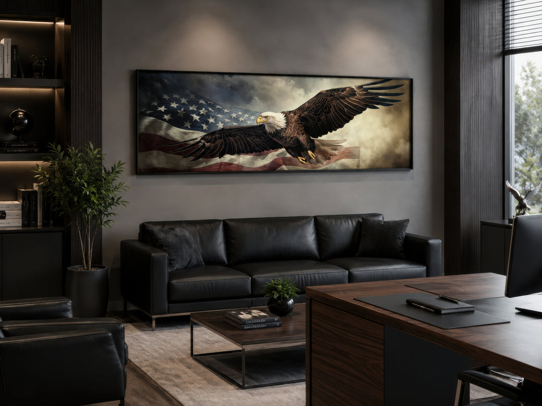 Horizontal wall art of a bald eagle flying over the American flag in a modern dark office.