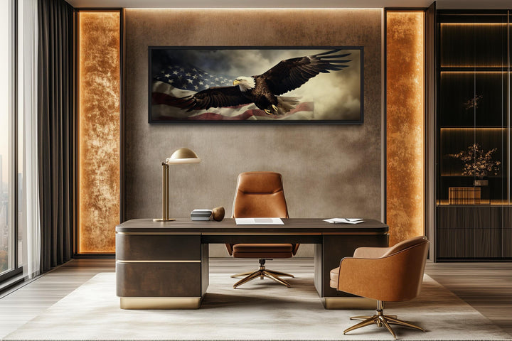 Horizontal wall art of a bald eagle flying over the American flag in a modern office setting.