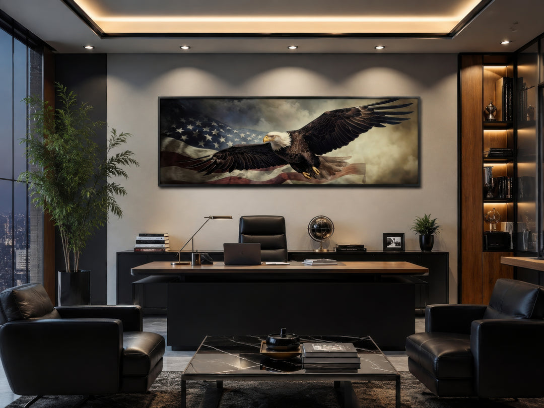 Horizontal wall art of an American eagle flying over the USA flag in a modern executive office.