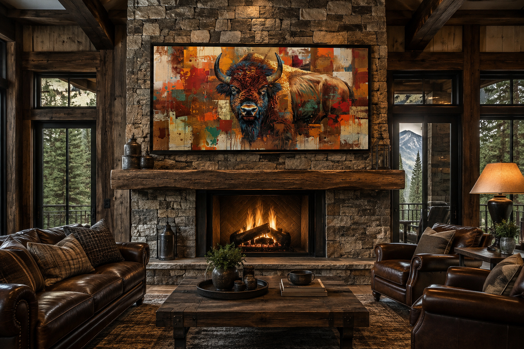 Colorful American Bison canvas print above a stone fireplace in a rustic Southwestern living room.