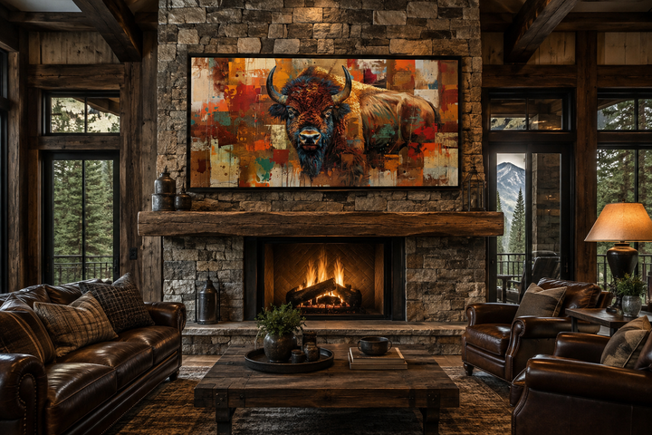 Colorful American Bison canvas print above a stone fireplace in a rustic Southwestern living room.