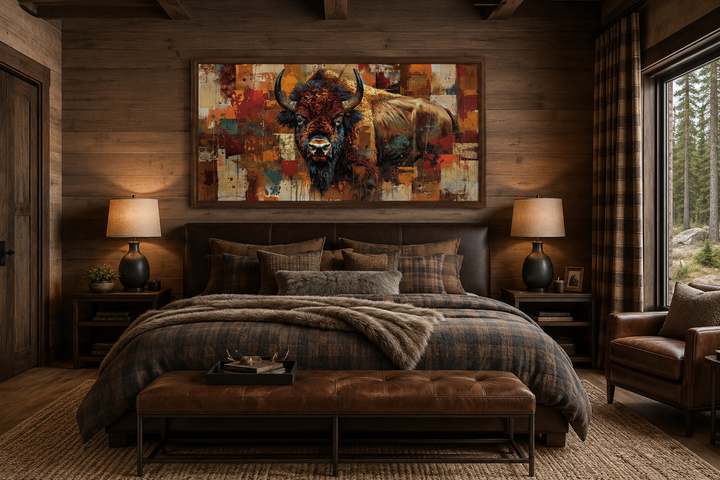 Colorful American Bison canvas wall art hanging above a bed in a rustic, wood-paneled bedroom.