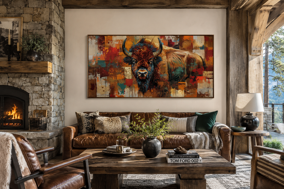 Colorful American Bison canvas wall art in a rustic living room with a leather sofa and fireplace.