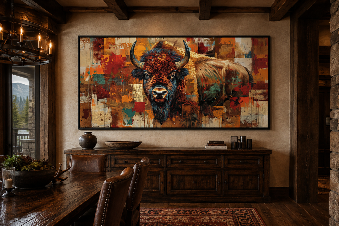 Colorful American Bison canvas wall art in a rustic dining room with wooden furniture.