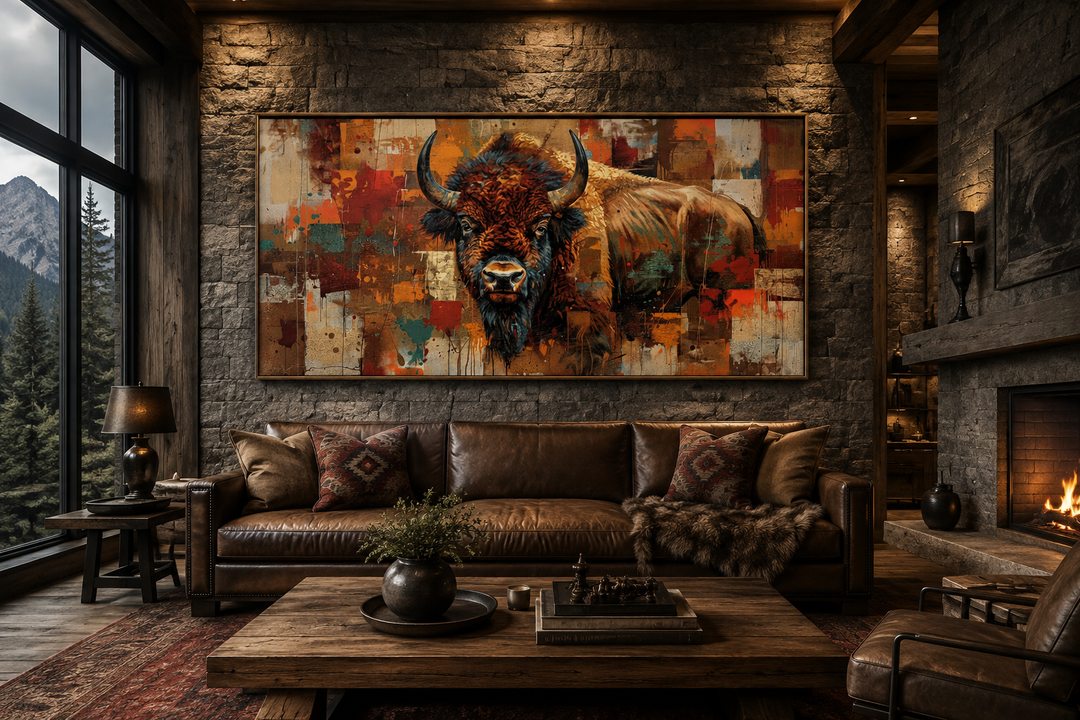 Colorful American Bison canvas wall art in a rustic living room with a leather sofa and fireplace.