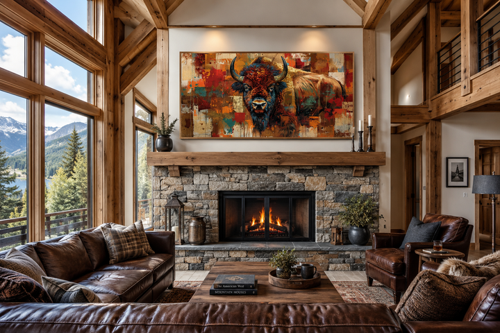 Colorful American Bison canvas wall art hanging above a stone fireplace in a rustic living room.