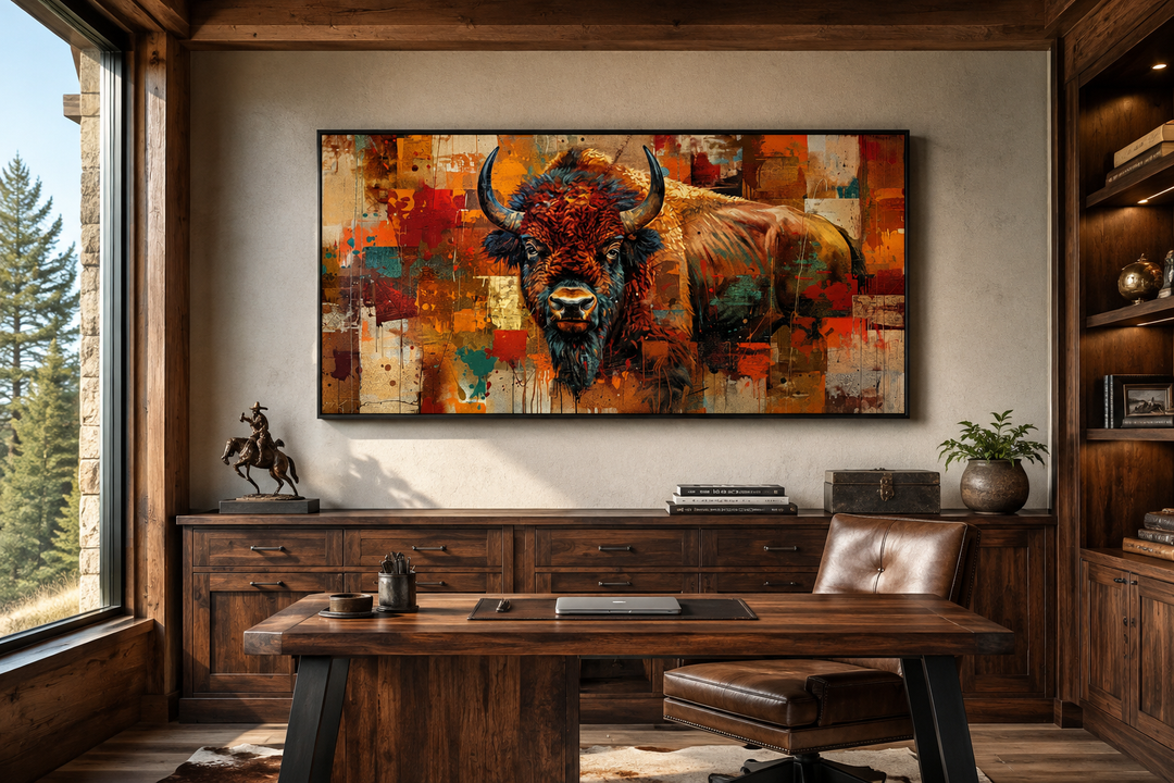 Colorful Southwestern American Bison canvas print hanging in a rustic home office.