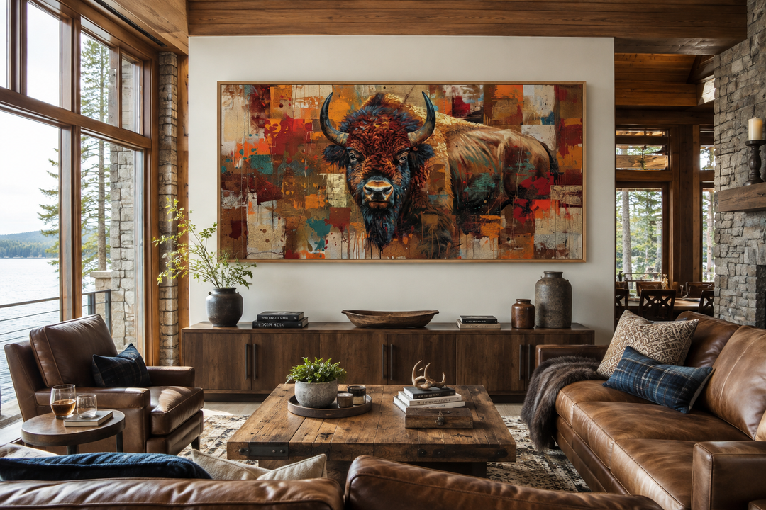 Colorful Southwestern American Bison canvas print in a rustic living room with leather furniture.