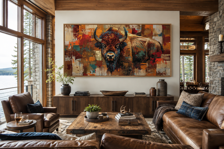 Colorful Southwestern American Bison canvas print in a rustic living room with leather furniture.