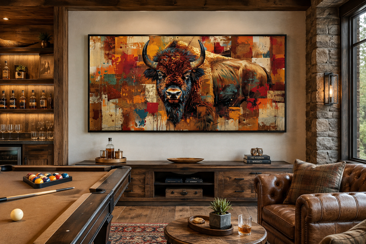 Colorful American Bison canvas wall art in a rustic game room with a pool table and leather chair.