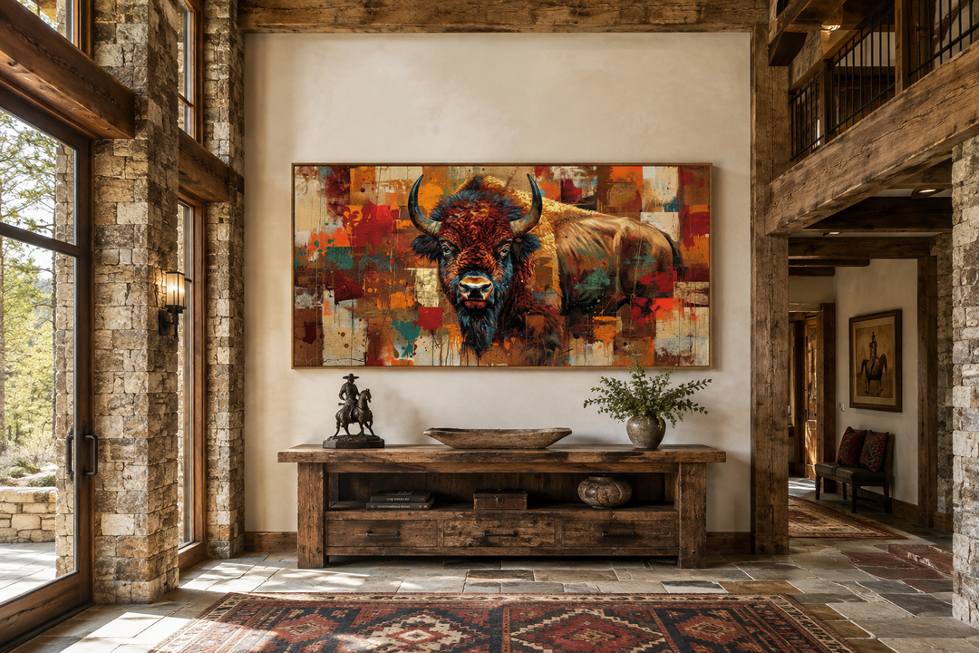 Colorful American Bison canvas wall art in a rustic Southwestern living room with wooden furniture.