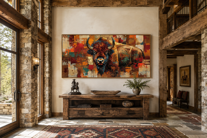 Colorful American Bison canvas wall art in a rustic Southwestern living room with wooden furniture.