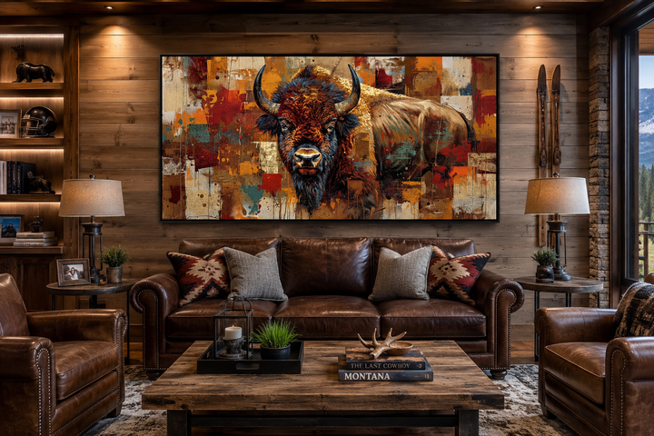 Colorful Southwestern American Bison canvas print hanging above a leather sofa in a rustic room.