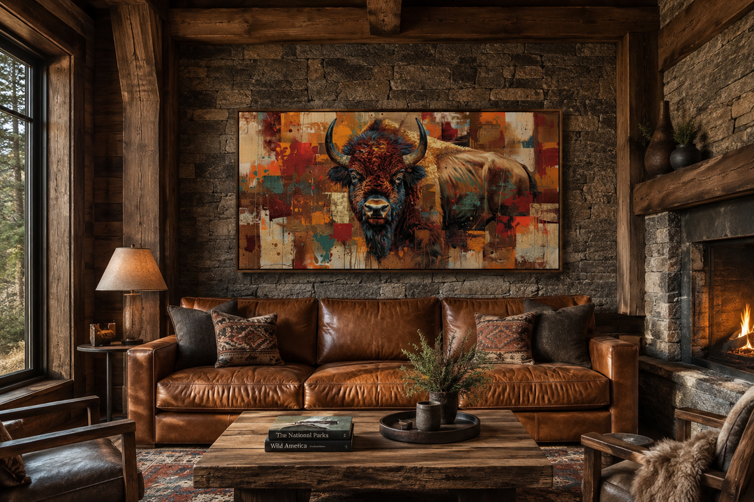 Colorful American Bison canvas print in a rustic living room with a leather sofa and stone wall.