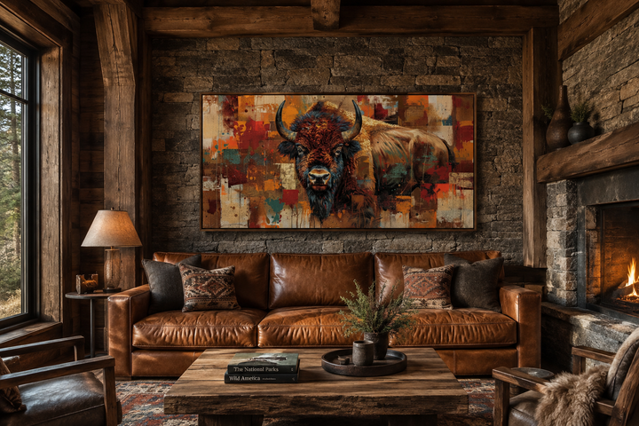 Colorful American Bison canvas print in a rustic living room with a leather sofa and stone wall.