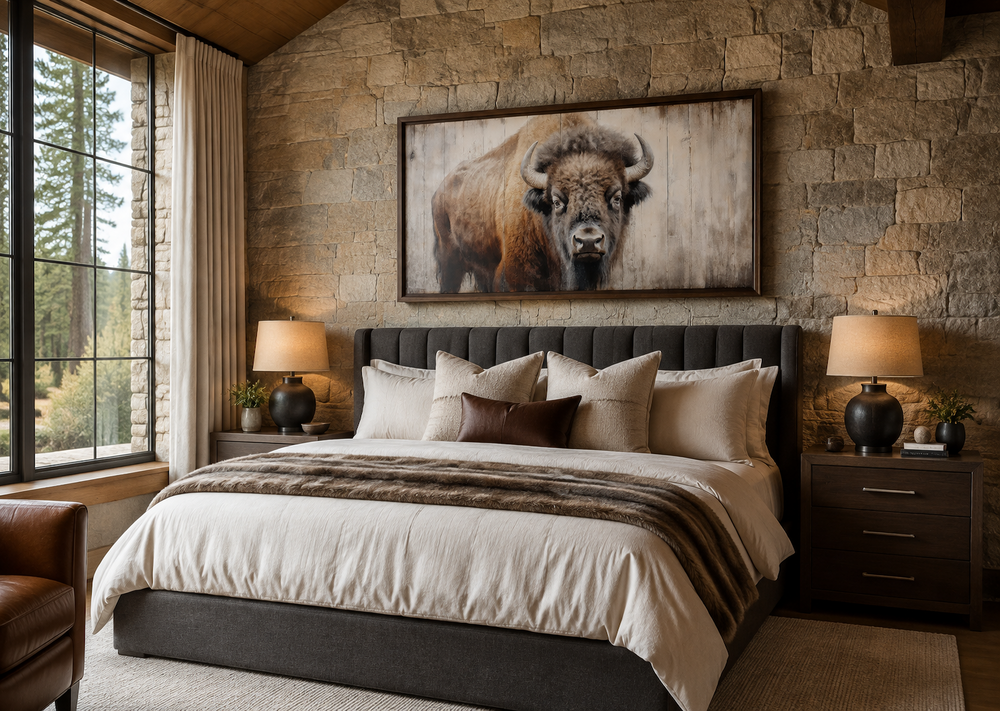 Rustic framed canvas print of an American bison hanging above a bed on a stone wall.