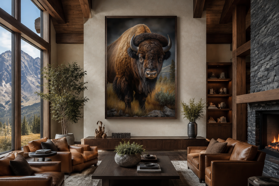 Extra large canvas wall art of an American bison in a prairie, framed in a rustic living room.