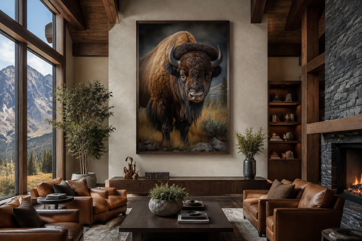 Extra large canvas wall art of an American bison in a prairie, framed in a rustic living room.