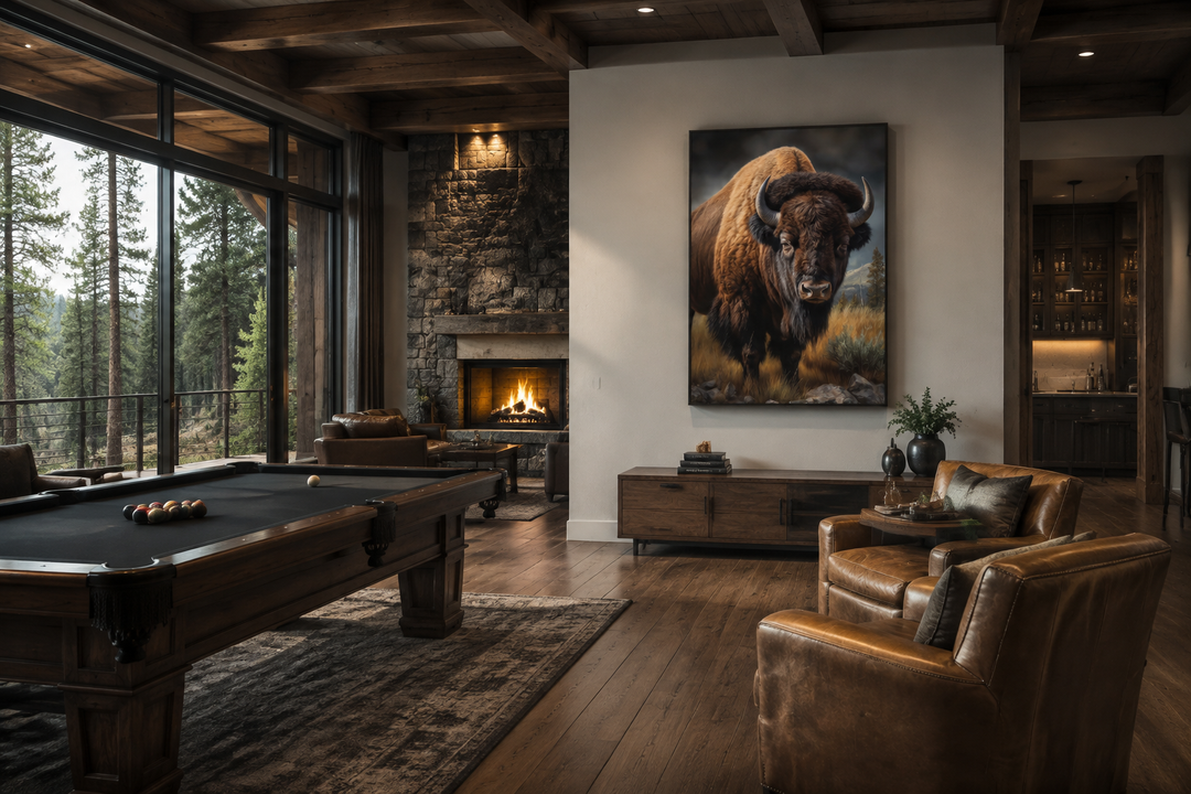 Extra large canvas wall art of an American bison in a prairie, framed in a rustic living room.