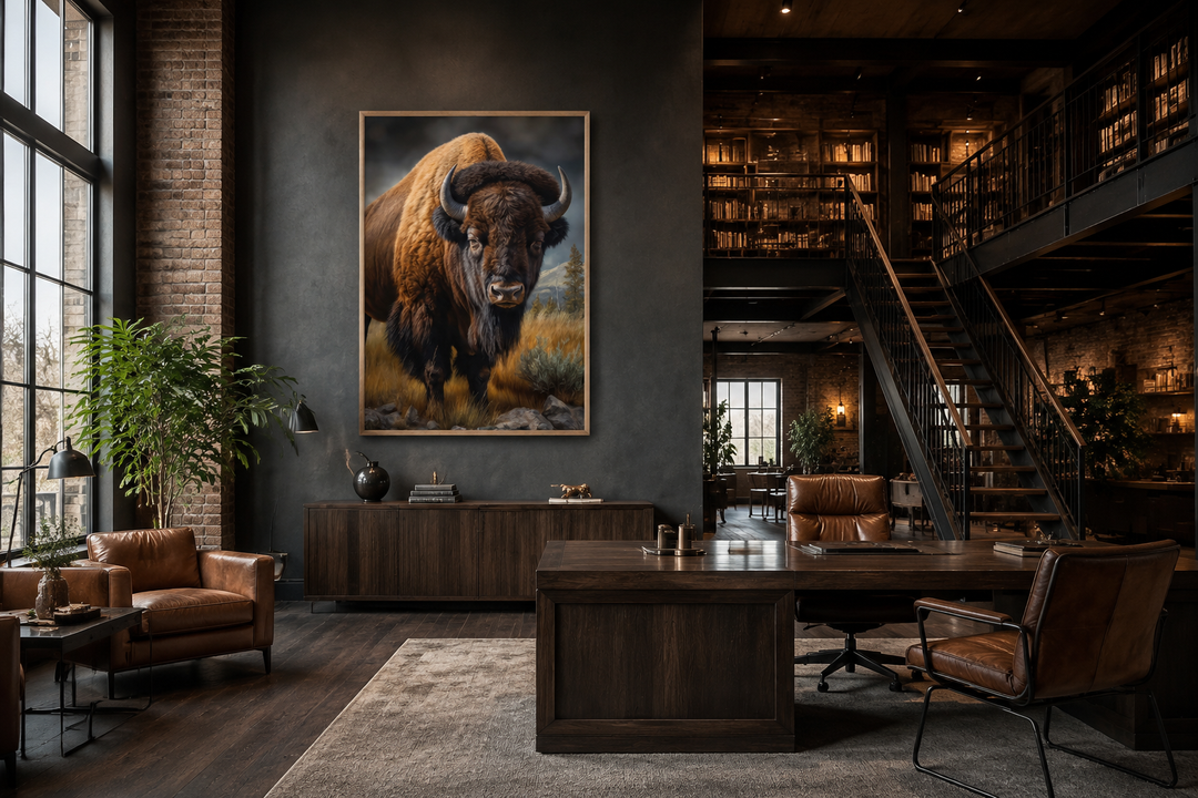 Extra large canvas wall art of an American bison in a prairie, framed in a dark office setting.