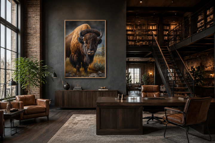 Extra large canvas wall art of an American bison in a prairie, framed in a dark office setting.