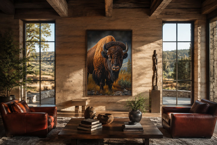 Extra large canvas wall art of a majestic American bison in a prairie, framed in a rustic room.