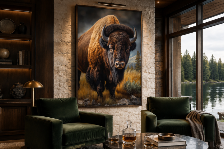 Extra large framed canvas wall art of a majestic American bison in a prairie landscape.