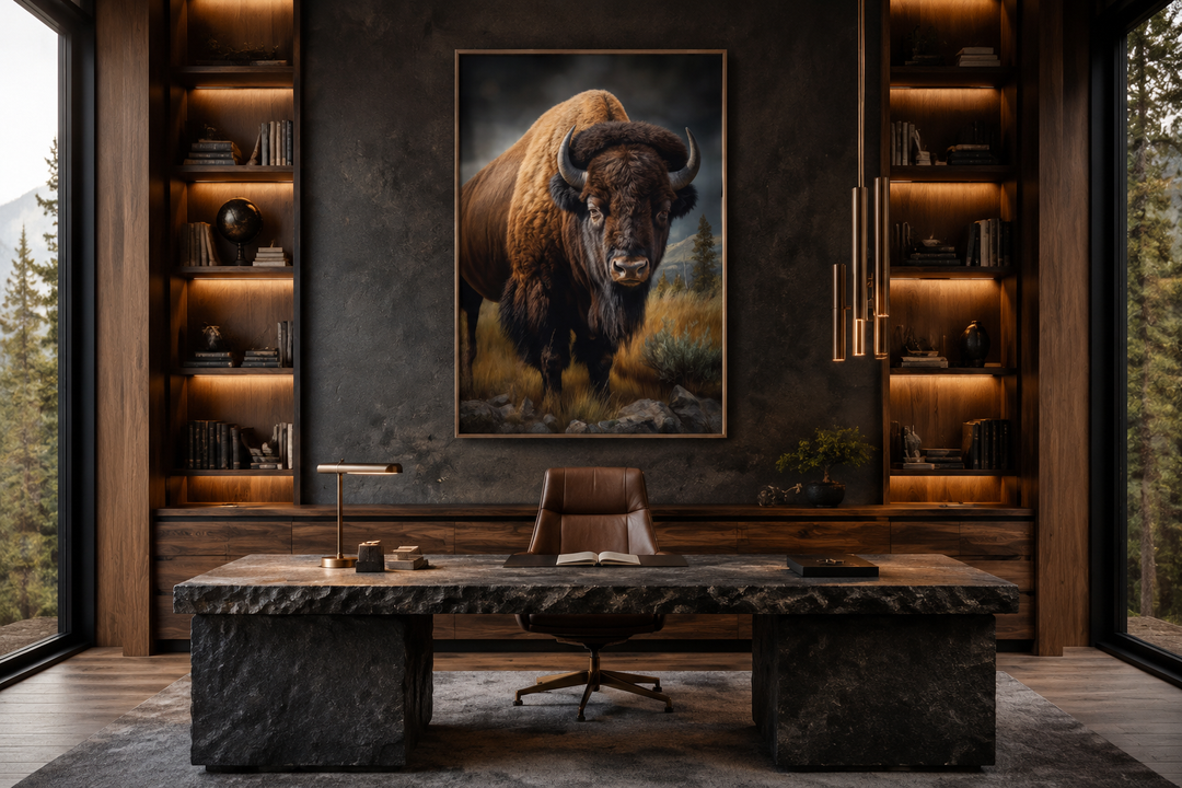 Extra large canvas wall art of an American bison in a prairie, framed in a rustic home office.