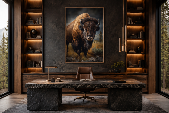 Extra large canvas wall art of an American bison in a prairie, framed in a rustic home office.