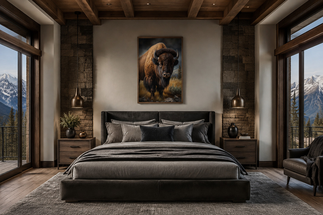 Extra large canvas wall art of an American bison in a prairie, framed above a bed in a rustic room.