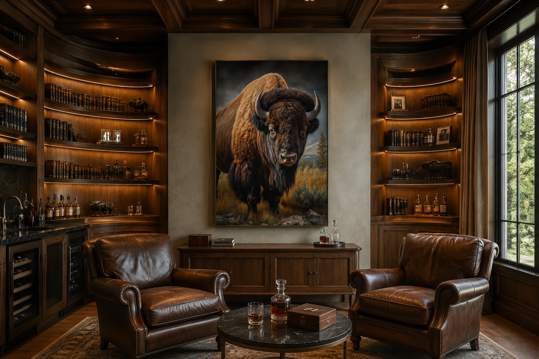 Extra large canvas wall art of an American bison in a prairie, framed in a rustic study.