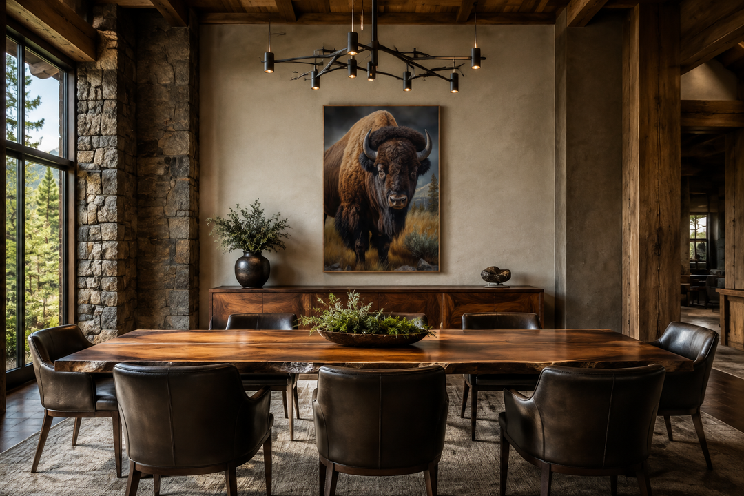 Extra large canvas wall art of an American bison in a prairie, framed in a rustic dining room.