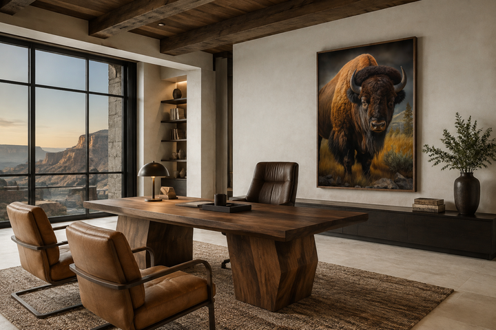 Extra large framed canvas wall art of a majestic American bison in a modern rustic office setting.