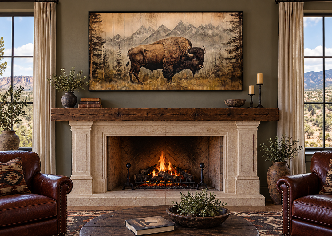 Framed American bison painting on a wood panel effect canvas above a rustic stone fireplace.