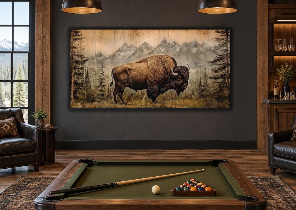 Framed bison painting on a wood-panel effect canvas in a rustic room with a pool table.