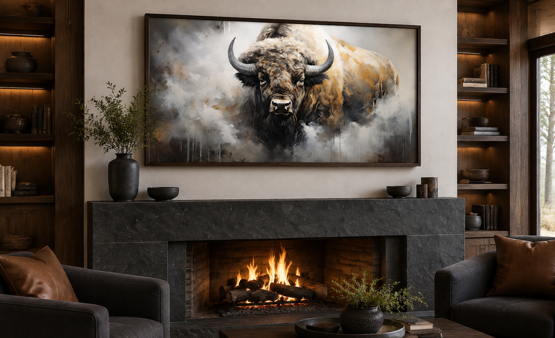 American bison abstract dripping paint framed canvas wall art hanging above a fireplace.