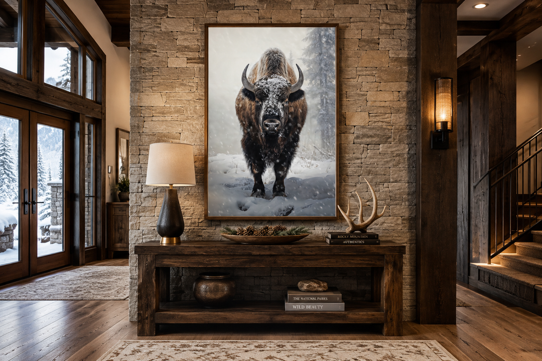 American Buffalo in Snow Framed Canvas Wall Art displayed on a stone wall in a rustic living room.