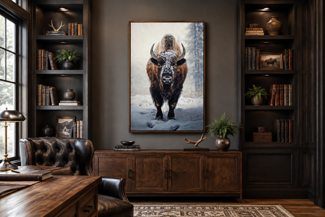 American Buffalo in Snow Framed Canvas Wall Art displayed in a rustic study above a wooden cabinet.
