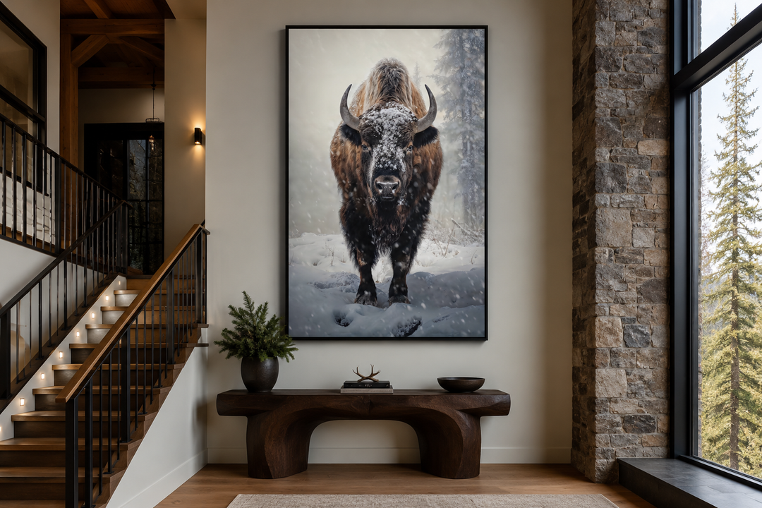 American Buffalo in Snow Framed Canvas Wall Art displayed in a rustic living room setting.